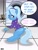 Size: 1402x1869 | Tagged: safe, artist:banquo0, trixie, pony, unicorn, g4, alternate hairstyle, babysitter trixie, butt, clothes, dock, female, hoodie, implied starlight glimmer, pigtails, plot, solo, speech bubble, sweatshirt, text, washing machine