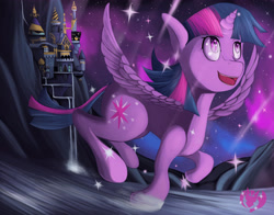 Size: 4200x3300 | Tagged: safe, artist:kenisu-of-dragons, twilight sparkle, alicorn, pony, g4, canterlot castle, cute, female, flying, high res, mare, solo, stars, twiabetes, twilight sparkle (alicorn), wings