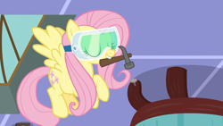 Size: 1920x1080 | Tagged: safe, screencap, fluttershy, pegasus, pony, discordant harmony, g4, cute, female, hammer, mare, mouth hold, safety goggles, shyabetes, solo