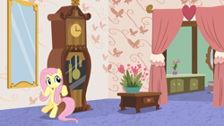 Size: 1920x1080 | Tagged: safe, screencap, fluttershy, pegasus, pony, discordant harmony, g4, bipedal, bipedal leaning, clock, discord's house, female, grandfather clock, leaning, mare, mirror, solo