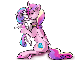 Size: 2400x1936 | Tagged: safe, artist:mylittlegodzilla, princess cadance, princess flurry heart, alicorn, pony, g4, cuddling, cute, cutie mark, eyes closed, family, female, filly, flurrybetes, holding a pony, hug, mare, mother and child, mother and daughter, simple background, sitting, smiling, white background