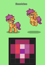 Size: 380x549 | Tagged: safe, scootaloo, pegasus, pony, pony town, g4, cutie mark, female, flying, folded wings, green, green background, grin, mare, older, older scootaloo, orange, orange coat, pixel art, purple, purple eyes, purple mane, purple tail, red, scootaloo can fly, shadow, simple background, smiling, solo, spread wings, sprite, teeth, the cmc's cutie marks, wings