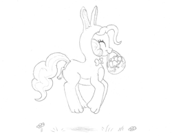 Size: 1224x966 | Tagged: safe, artist:friendshipishorses, pinkie pie, pony, g4, animal costume, basket, bunny costume, butt flap, clothes, costume, easter basket, female, monochrome, solo, traditional art