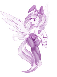 Size: 1000x1350 | Tagged: safe, artist:dstears, princess celestia, alicorn, pony, g4, bunny ears, bunny suit, bunnylestia, clothes, cuffs (clothes), female, looking at you, mare, monochrome, pantyhose, simple background, solo, white background