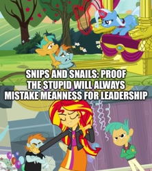 Size: 500x562 | Tagged: safe, edit, edited screencap, screencap, snails, snips, sunset shimmer, trixie, pony, unicorn, equestria girls, g4, magic duel, my little pony equestria girls, caption, gym, image macro, magic, magic aura, streamers, text