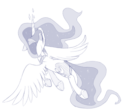 Size: 3863x3465 | Tagged: safe, artist:jessy, princess luna, alicorn, pony, g4, eyes closed, female, flying, high res, mare, mlpg, monochrome, simple background, solo, white background