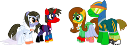 Size: 1920x680 | Tagged: safe, artist:shadymeadow, oc, oc only, oc:dancing fan, oc:fried egg, oc:graceful pic, oc:green goal, earth pony, pony, unicorn, clothes, female, male, mare, simple background, stallion, transparent background