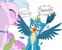 Size: 1672x1356 | Tagged: safe, artist:crimsonfef, gallus, silverstream, griffon, hippogriff, g4, behaving like a bird, behaving like a rooster, birb, cute, diastreamies, female, gallabetes, gallus the rooster, griffons doing bird things, male, simple background, spread wings, white background, wings