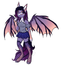 Size: 1024x1076 | Tagged: safe, artist:doekitty, oc, oc only, oc:dawn aurora, bat pony, anthro, unguligrade anthro, anthro oc, bat pony oc, bat wings, clothes, female, mare, shirt, simple background, skirt, solo, transparent background, wings