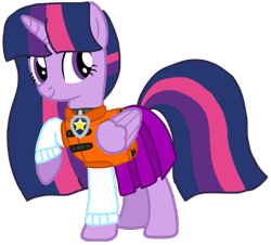 Size: 1113x1004 | Tagged: safe, alternate version, artist:徐詩珮, twilight sparkle, alicorn, pony, series:sprglitemplight diary, series:sprglitemplight life jacket days, series:springshadowdrops diary, series:springshadowdrops life jacket days, g4, alternate universe, base used, chase (paw patrol), clothes, cute, dress, eyelashes, female, lifejacket, mare, paw patrol, raised hoof, simple background, smiling, solo, transparent background, twilight sparkle (alicorn)