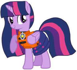 Size: 1108x1006 | Tagged: safe, alternate version, artist:徐詩珮, twilight sparkle, alicorn, pony, series:sprglitemplight diary, series:sprglitemplight life jacket days, series:springshadowdrops diary, series:springshadowdrops life jacket days, g4, alternate universe, base used, chase (paw patrol), clothes, cute, dress, eyelashes, female, lifejacket, mare, paw patrol, raised hoof, simple background, smiling, solo, transparent background, twilight sparkle (alicorn)