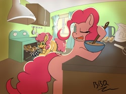 Size: 4096x3047 | Tagged: safe, artist:wirlog, li'l cheese, pinkie pie, earth pony, pony, g4, the last problem, baking, batter, bipedal, bipedal leaning, bowl, duo, egg, female, filly, flour, food, hoof hold, kitchen, leaning, mare, missing cutie mark, mixing bowl, mother and child, mother and daughter, muffin, no pupils, one eye closed, oven, oven mitts, stove, whisk