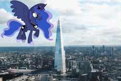 Size: 1280x853 | Tagged: safe, artist:90sigma, artist:savannah-london, princess luna, alicorn, pony, g4, britain, city, cute, england, ethereal mane, female, flying, giant alicorn, giant ponies in real life, giant pony, giantess, highrise ponies, hoof shoes, irl, jewelry, london, lunabetes, macro, mare, mega luna, peytral, photo, ponies in real life, solo, starry mane, the shard, tiara, united kingdom