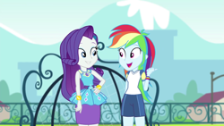 Size: 1920x1080 | Tagged: safe, screencap, rainbow dash, rarity, equestria girls, g4, my little pony equestria girls: better together, sock it to me, sock it to me: rarity, female, geode of shielding, magical geodes, purple skirt, rarity peplum dress