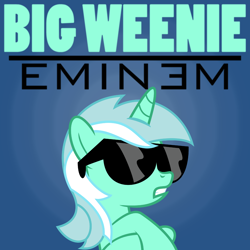 Size: 3500x3500 | Tagged: safe, derpibooru exclusive, lyra heartstrings, pony, unicorn, g4, big weenie, eminem, female, gradient background, high res, ponified, ponified album cover, solo, text