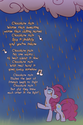 Size: 1400x2100 | Tagged: safe, artist:heir-of-rick, pinkie pie, earth pony, pony, g4, chocolate, chocolate rain, chocolate rain (song), cloud, female, food, lyrics, mare, music notes, rain, raised hoof, singing, solo, song reference, tay zonday, text