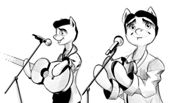 Size: 1046x612 | Tagged: safe, artist:cyanoger, oc, oc only, pony, clothes, guitar, hair, looking at you, microphone, monochrome, musical instrument, ponified, singing, smiling, smiling at you