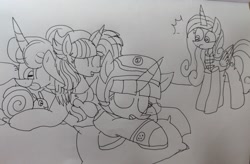 Size: 3443x2260 | Tagged: safe, artist:徐詩珮, princess cadance, princess flurry heart, twilight sparkle, whammy, oc, oc:bubble sparkle, alicorn, pony, bubbleverse, series:sprglitemplight diary, series:sprglitemplight life jacket days, series:springshadowdrops diary, series:springshadowdrops life jacket days, g4, alternate universe, aunt and niece, baby, baby pony, chase (paw patrol), clothes, cousins, female, filly, filly flurry heart, high res, lifejacket, magical lesbian spawn, magical threesome spawn, mother and child, mother and daughter, multiple parents, next generation, offspring, older, older flurry heart, parent:glitter drops, parent:spring rain, parent:tempest shadow, parent:twilight sparkle, parents:glittershadow, parents:sprglitemplight, parents:springdrops, parents:springshadow, parents:springshadowdrops, paw patrol, sleeping, spy chase (paw patrol), traditional art, twilight sparkle (alicorn)