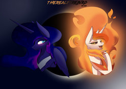 Size: 4961x3508 | Tagged: safe, artist:therealf1rebird, daybreaker, nightmare moon, alicorn, pony, g4, armor, blushing, eclipse, horn, mane of fire, wings