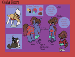 Size: 2654x2007 | Tagged: safe, artist:creative-blossom, oc, oc:creativeblossom, dog, hippogriff, pony, rabbit, unicorn, animal, clothes, colored, digital, drawing, female, front, high res, mare, on side, pets, reference sheet