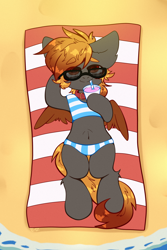 Size: 2000x3000 | Tagged: safe, artist:etoz, oc, oc only, pegasus, pony, beach, clothes, commission, drink, glasses, happy, high res, male, pegasus oc, smiling, solo, stallion, sunglasses, swimsuit, wings, ych result