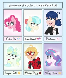 Size: 1080x1264 | Tagged: safe, artist:x_moondancer, coco pommel, pinkie pie, princess flurry heart, vapor trail, alicorn, earth pony, human, pegasus, pony, g4, adrien agreste, bust, chest fluff, clothes, cocobetes, costume, crossover, cute, diapinkes, eyelashes, female, flurrybetes, grin, looking up, male, mare, marinette dupain-cheng, mask, miraculous ladybug, mister bug, open mouth, six fanarts, smiling, vaporbetes