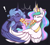 Size: 3921x3495 | Tagged: safe, artist:argigen, princess celestia, princess luna, alicorn, pony, rcf community, g4, angry, black background, cheese pizza, chest fluff, crown, curved horn, duo, exclamation point, eyes closed, female, fight, food, high res, horn, jewelry, majestic as fuck, mare, meat, mouth hold, pepperoni, pepperoni pizza, peytral, pizza, regalia, royal sisters, s1 luna, sibling rivalry, siblings, simple background, sisters, wing hands, wings