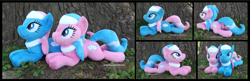 Size: 5400x1754 | Tagged: safe, artist:peruserofpieces, aloe, lotus blossom, earth pony, pony, g4, beanie (plushie), female, headband, irl, looking at you, mare, multiple views, photo, plushie, prone, siblings, sisters, smiling, spa twins, tree, twins