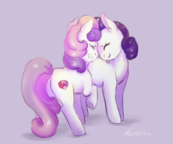 Size: 2158x1792 | Tagged: safe, artist:buttersprinkle, rarity, sweetie belle, pony, unicorn, g4, behaving like a cat, belle sisters, buttersprinkle is trying to murder us, cute, diasweetes, duo, eyes closed, female, gray background, kitty belle, mare, nuzzling, older, older sweetie belle, raribetes, raricat, sibling love, siblings, simple background, sisterly love, sisters