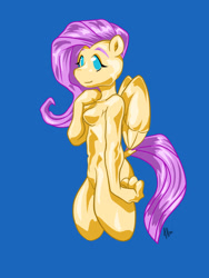 Size: 1350x1800 | Tagged: safe, artist:bastianmage, fluttershy, pegasus, anthro, g4, belly button, blue background, breasts, busty fluttershy, digital art, dock, experimental style, featureless breasts, female, no pupils, shiny, simple background, smiling, solo, three quarter view, upper body