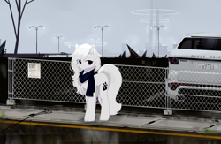 Size: 2000x1300 | Tagged: safe, artist:heddopen, oc, oc only, oc:loulou, car, clothes, ear fluff, fence, looking at you, pure white, range rover, scarf