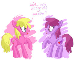 Size: 2131x1685 | Tagged: safe, artist:notadeliciouspotato, berry punch, berryshine, cherry berry, earth pony, pony, g4, atg 2020, dialogue, duo, female, looking at each other, mare, newbie artist training grounds, open mouth, raised hoof, recolor, simple background, speech bubble, surprised, talking, white background, wide eyes