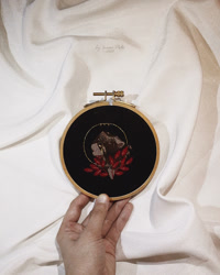 Size: 1000x1250 | Tagged: safe, artist:ipoloarts, oc, oc only, commission, cross stitch, crossstitching, crying, embroidery, finished commission, flower, gold, grayscale, handmade, monochrome, needlework, photography, solo, ych example, ych result