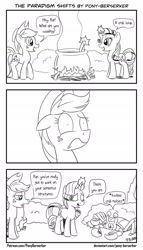 Size: 1280x2240 | Tagged: safe, artist:pony-berserker, part of a set, applejack, rarity, crab, earth pony, giant crab, pony, unicorn, g4, bait and switch, black and white, bowl, bush, cauldron, comic, cooking, cooking pot, crab soup, descriptive noise, dialogue, duo, english, eyes closed, female, fire, food, frown, grayscale, ladle, lidded eyes, monochrome, open mouth, outdoors, pot, pun, punchline, rarity fighting a giant crab, reaction, reaction image, simple background, solo, soup, speech bubble, standing, steam, talking, walking, weirded out, white background, wood