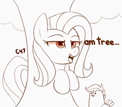 Size: 1500x1319 | Tagged: safe, artist:handgunboi, fluttershy, scootaloo, bird, chicken, pony, g4, fluttertree, funny, i'd like to be a tree, leafing the dream, scootachicken, tree