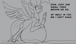 Size: 1135x655 | Tagged: safe, artist:cosmonaut, princess skystar, classical hippogriff, hippogriff, g4, my little pony: the movie, belly, belly bed, female, hyper, hyper belly, hyper pregnancy, immobile, impossibly large belly, monochrome, pregnant, solo, wings