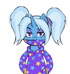 Size: 683x720 | Tagged: safe, artist:buttercupsaiyan, trixie, pony, unicorn, g4, alternate hairstyle, animated, babysitter trixie, clothes, derail in the comments, face mask, female, gif, hoodie, mare, simple background, solo, transparent background