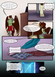 Size: 3472x4911 | Tagged: safe, artist:blackblood-queen, oc, oc only, oc:dusk flame, pegasus, anthro, unguligrade anthro, comic:be there, anthro oc, clothes, comic, dialogue, digital art, jewelry, male, pegasus oc, phone, shorts, solo, speech bubble, stallion, wings