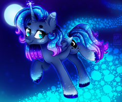 Size: 1147x960 | Tagged: safe, alternate version, artist:meqiopeach, princess luna, alicorn, pony, g4, luna eclipsed, alternate design, alternate hairstyle, blushing, cute, cutie mark, design, ear fluff, ethereal mane, eyebrows, eyeshadow, female, fluffy, freckles, full background, future, looking back, lunabetes, magic, makeup, moon, path, princess, raised hoof, raised tail, smiling, solo, sparkles, starry mane, stars, tail