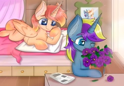 Size: 2560x1768 | Tagged: safe, artist:janelearts, oc, oc only, alicorn, pony, unicorn, alicorn oc, bed, female, flower, horn, mare, wings