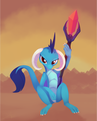 Size: 1711x2150 | Tagged: safe, artist:dusthiel, princess ember, dragon, g4, atg 2020, bloodstone scepter, cute, dragon lord ember, dragoness, emberbetes, female, newbie artist training grounds, sitting, solo, staff
