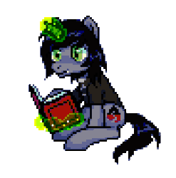 Size: 276x279 | Tagged: safe, artist:hikkage, pony, unicorn, animated, book, clothes, commission, disguise, disguised siren, fangs, gif, glowing horn, horn, jewelry, kellin quinn, levitation, magic, male, necklace, pixel art, ponified, reading, shirt, simple background, sitting, sleeping with sirens, slit pupils, smiling, solo, stallion, t-shirt, telekinesis, transparent background, ych result