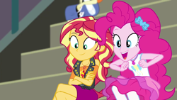 Size: 1920x1080 | Tagged: safe, screencap, golden hazel, pinkie pie, sunset shimmer, equestria girls, equestria girls series, g4, sock it to me, spoiler:choose your own ending (season 2), spoiler:eqg series (season 2), crossed arms, female, geode of empathy, geode of sugar bombs, magical geodes, sock it to me: rarity