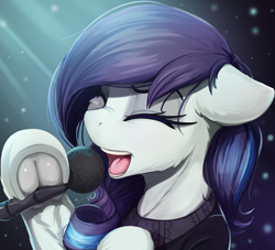 Size: 2518x2290 | Tagged: safe, artist:alcor, coloratura, earth pony, pony, g4, bust, cheek fluff, clothes, eyes closed, female, floppy ears, frog (hoof), high res, hoof hold, hoofbutt, mare, microphone, open mouth, portrait, rara, singing, solo, underhoof