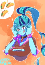 Size: 700x1000 | Tagged: safe, artist:sozglitch, sonata dusk, equestria girls, big breasts, blouse, breasts, bust, busty sonata dusk, choker, cleavage, female, food, gem, hand on head, hands on head, holding head, licking, licking lips, lidded eyes, siren gem, solo, spiked wristband, taco, that girl sure loves tacos, tongue out, wristband
