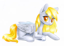 Size: 990x705 | Tagged: safe, artist:maytee, derpy hooves, pegasus, pony, g4, female, frown, mare, marker drawing, prone, simple background, solo, traditional art, white background