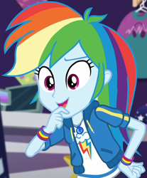 Size: 752x907 | Tagged: safe, screencap, rainbow dash, dashing through the mall, equestria girls, equestria girls specials, g4, my little pony equestria girls: better together, my little pony equestria girls: holidays unwrapped, canterlot mall, clothes, cloud, cropped, cute, dashabetes, female, geode of super speed, hand on hip, hoodie, jacket, jewelry, looking down, magical geodes, multicolored hair, necklace, pants, pockets, rainbow, rainbow hair, shirt, short sleeves, smiling, store, t-shirt, talking, thunderbolt, wristband