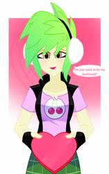 Size: 2058x3264 | Tagged: safe, artist:xan-gelx, cherry crash, equestria girls, g4, box of chocolates, candy, chocolate, clothes, commission, earmuffs, female, fingerless gloves, food, gloves, heart shaped box, high res, looking at you, miniskirt, plaid skirt, skirt, solo, speech bubble, talking to viewer, vest