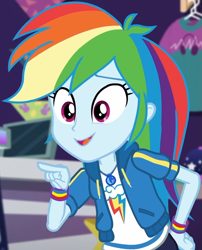 Size: 741x918 | Tagged: safe, screencap, rainbow dash, dashing through the mall, equestria girls, equestria girls series, g4, holidays unwrapped, spoiler:eqg series (season 2), canterlot mall, clothes, cloud, cropped, cute, dashabetes, female, geode of super speed, hand on hip, hoodie, jacket, jewelry, looking down, magical geodes, multicolored hair, necklace, pants, pockets, pointing, rainbow, rainbow hair, shirt, short sleeves, smiling, store, t-shirt, talking, thunderbolt, wristband