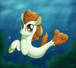 Size: 1500x1350 | Tagged: safe, artist:litrojia, autumn blaze, kirin, seapony (g4), g4, atg 2020, awwtumn blaze, bubble, crepuscular rays, cute, dorsal fin, female, fin, fins, fish tail, flowing mane, flowing tail, looking at you, newbie artist training grounds, ocean, scales, seaponified, seapony autumn blaze, signature, smiling, smiling at you, solo, species swap, sunlight, swimming, tail, underwater, water